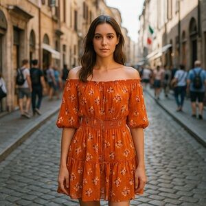 Ryan Michelle Womens Dress Size Medium Floral Smocked Waist Off-Shoulder M Fall